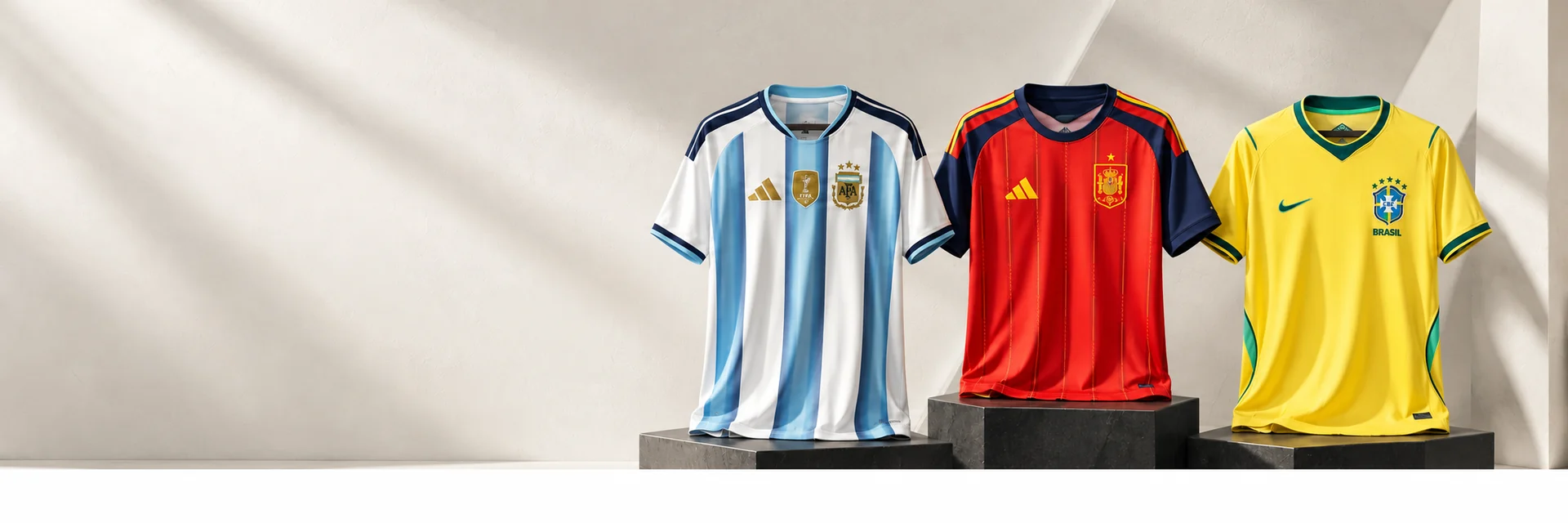 Camisetas de Argentina, España y Brasil sobre pedestales grafito en un set de papel GOLAZO